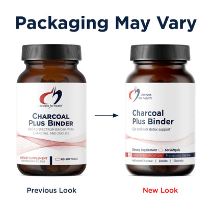 Designs For Health Charcoal Plus Binder safety seal and USA import verification details.