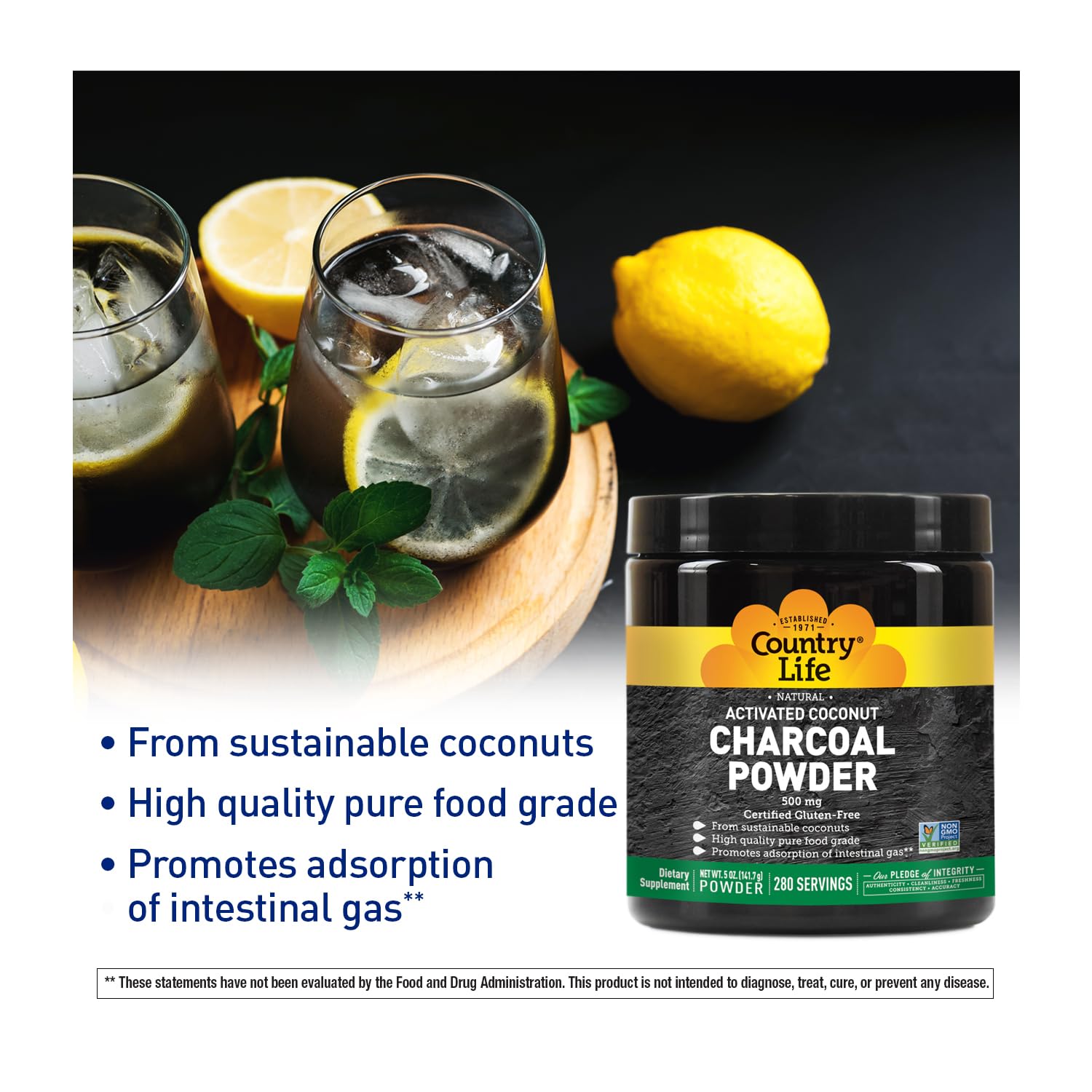Sustainably sourced food grade coconut charcoal supplement for bloating relief and natural internal cleansing