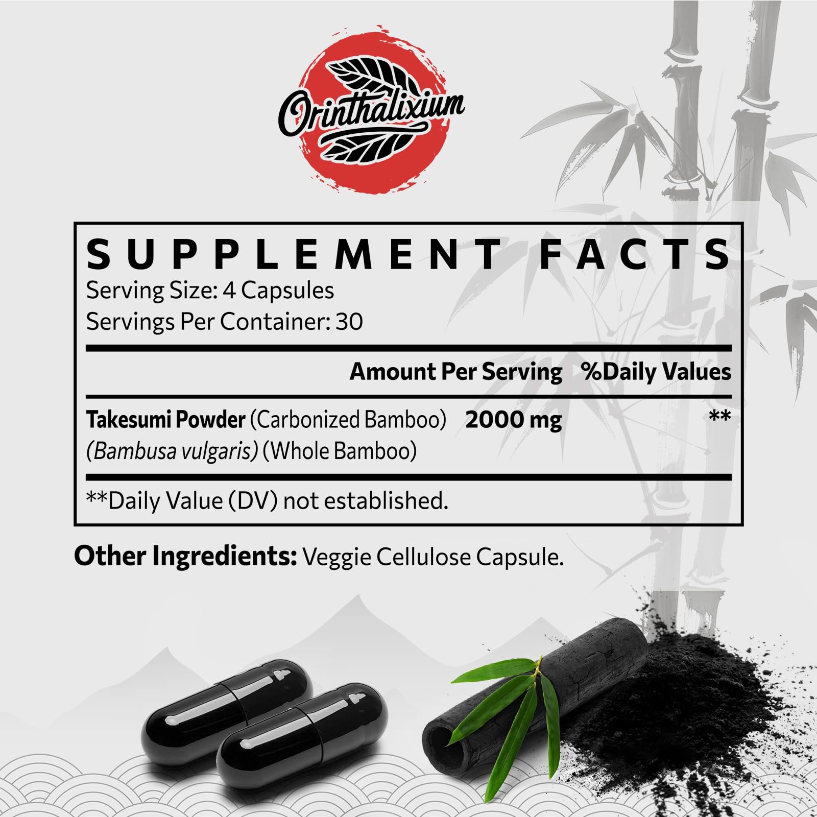 Side view of Orinthalixium bamboo charcoal supplement bottle showing dietary supplement facts panel and vegan labels.