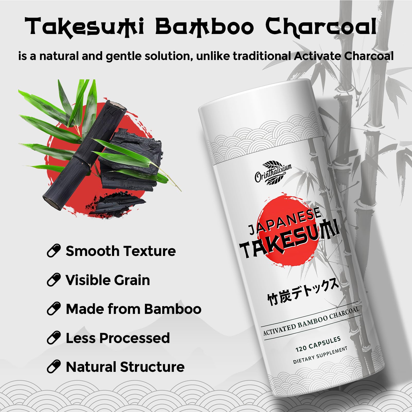 Close up view of premium Japanese Takesumi activated charcoal 2000mg capsules being poured out of the bottle.