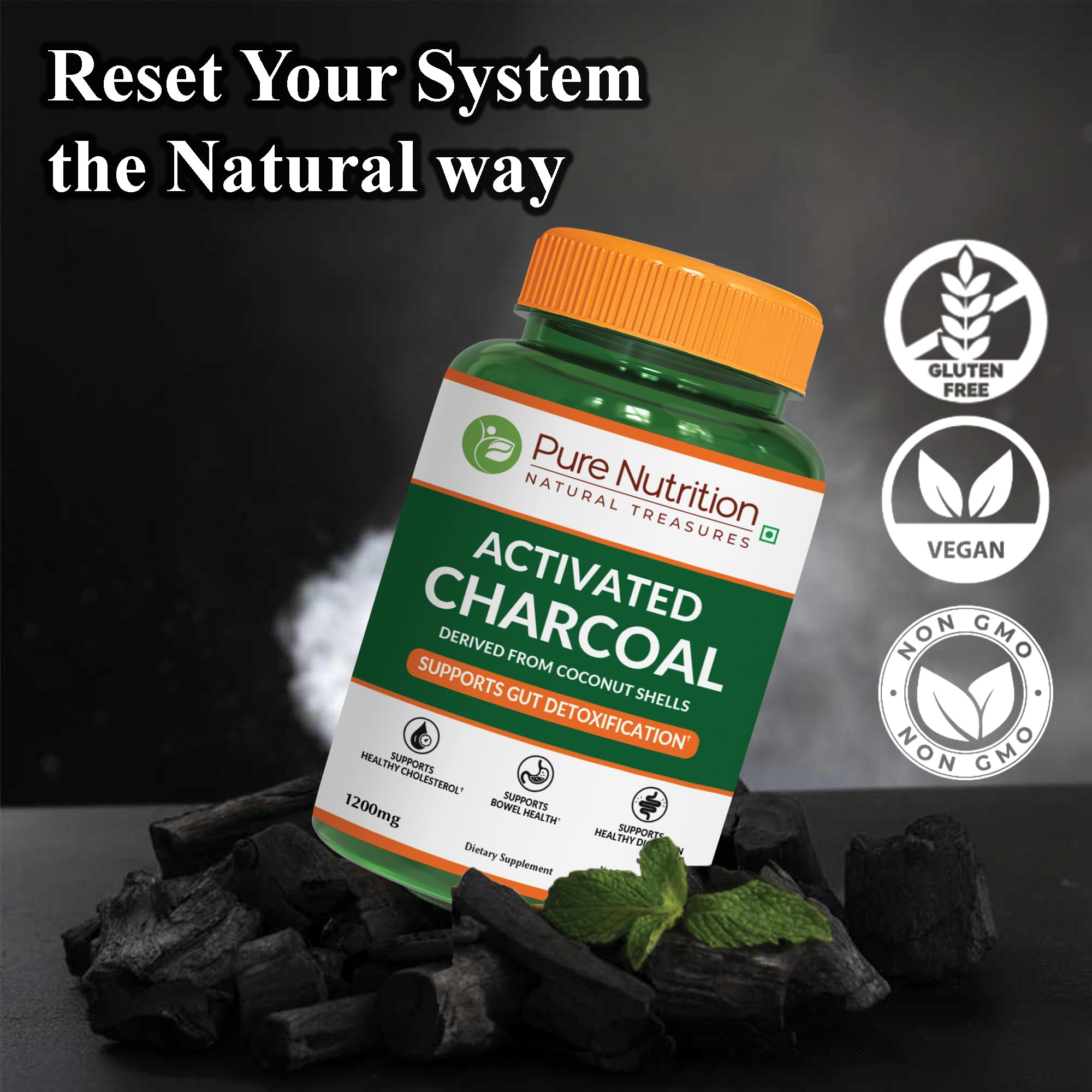Pure Nutrition Activated Charcoal coconut shell derived supplement bottle displaying nutritional information