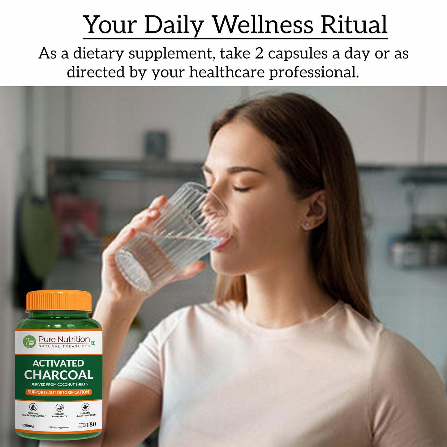 Pure Nutrition Activated Charcoal plant based bloating relief dietary supplement packaging