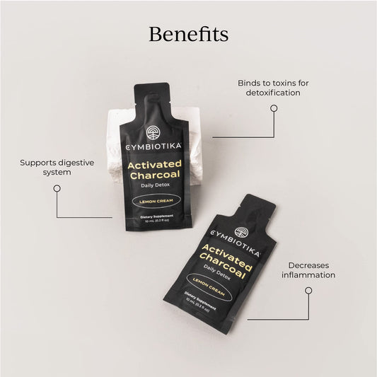 Cymbiotika coconut charcoal liquid detox 10ml pouches displayed neatly