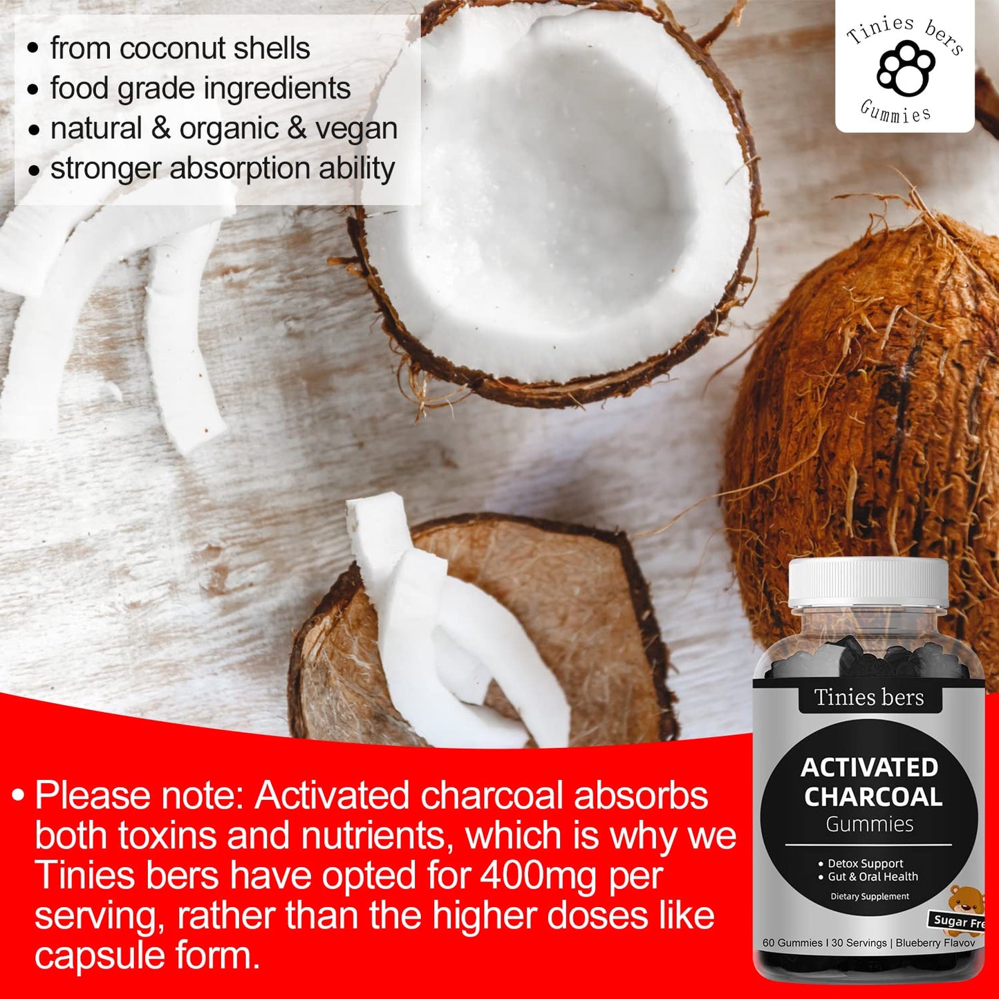 Tinies Bers sixty count activated charcoal gummies nutritional facts and ingredients