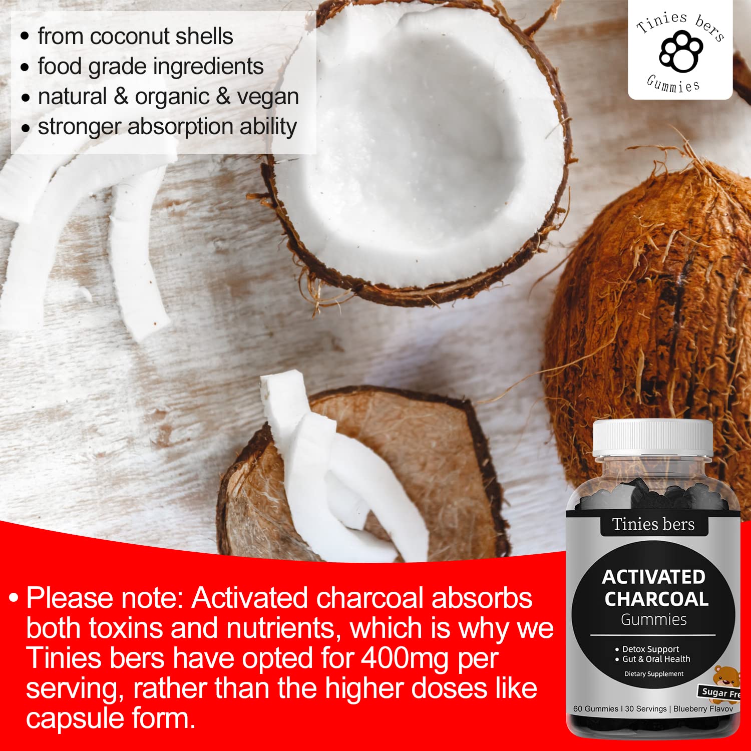 Tinies Bers sixty count activated charcoal gummies nutritional facts and ingredients
