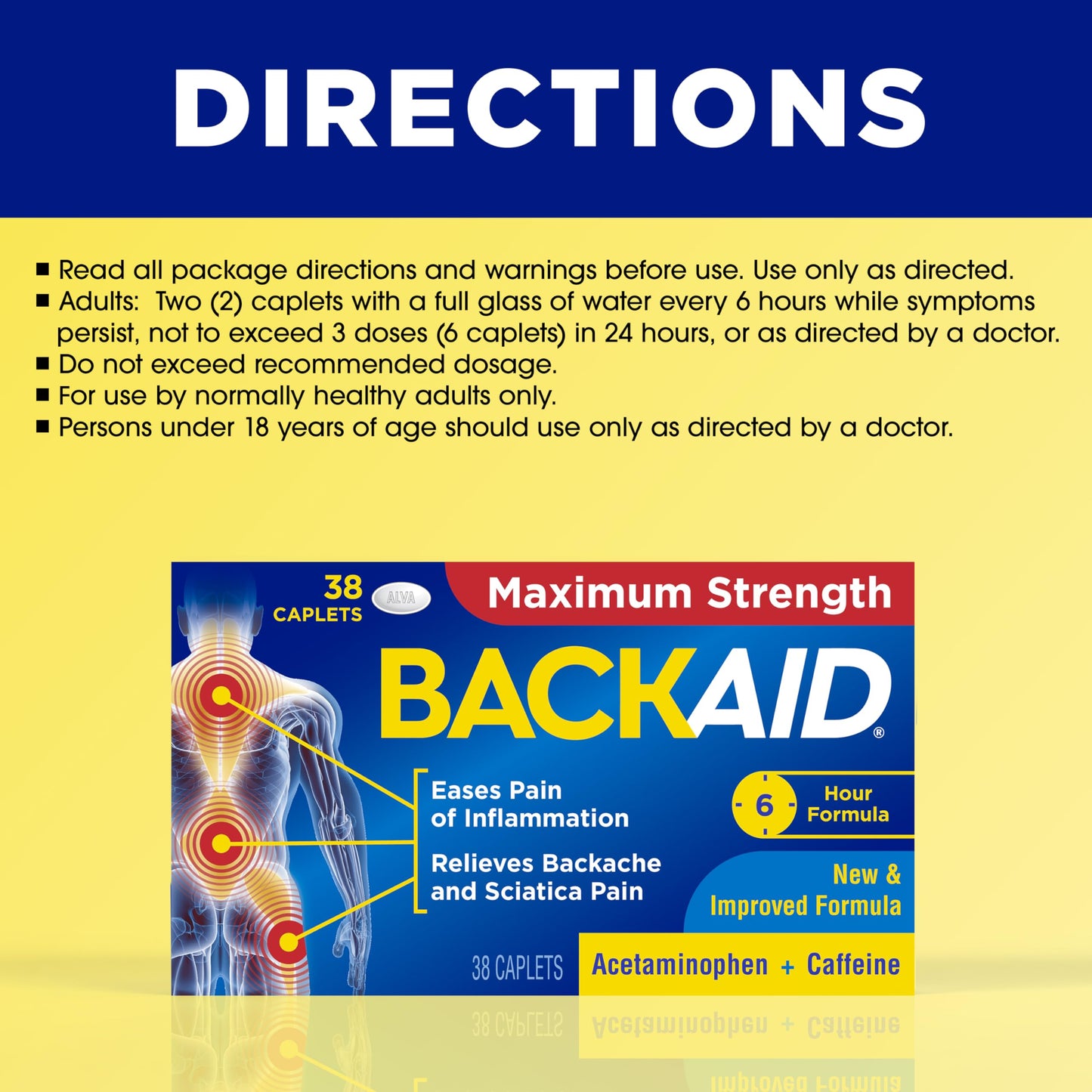 Backaid Maximum Strength packaging showing 6-hour relief claim