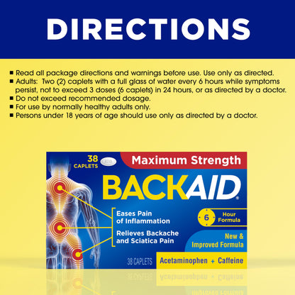 Backaid Maximum Strength packaging showing 6-hour relief claim