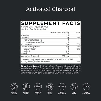 Single serving Cymbiotika charcoal pouch being squeezed for daily cleanse