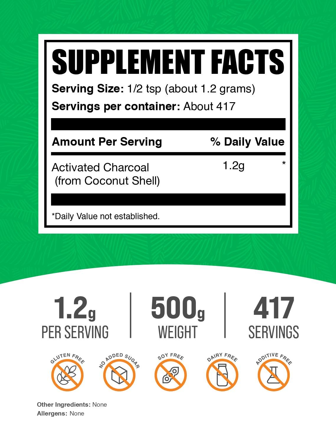 Side view of BulkSupplements coconut charcoal powder showing clean vegan ingredient details.