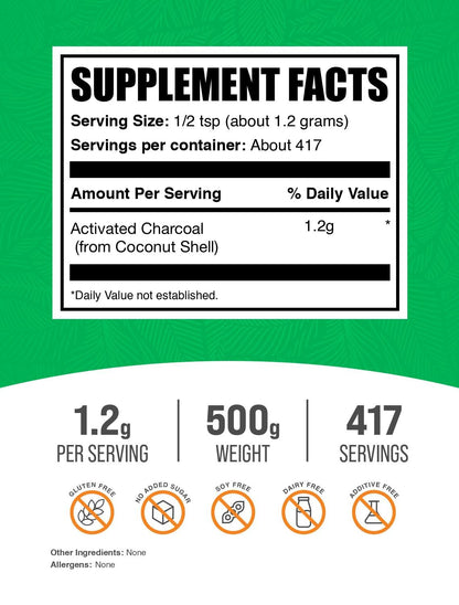 Side view of BulkSupplements coconut charcoal powder showing clean vegan ingredient details.