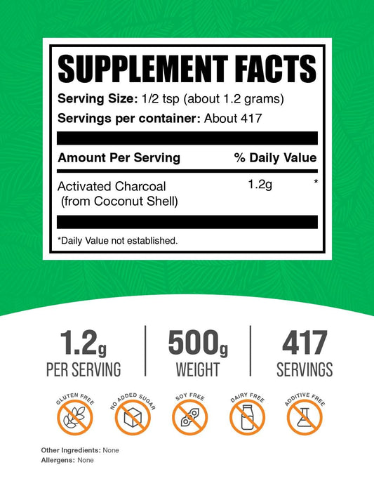 Side view of BulkSupplements coconut charcoal powder showing clean vegan ingredient details.