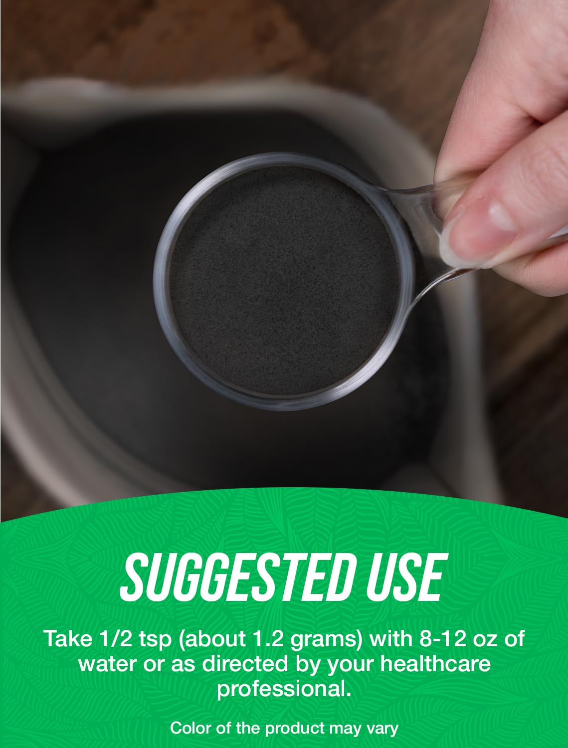 Fine texture of BulkSupplements pure activated charcoal powder for teeth whitening formulas.