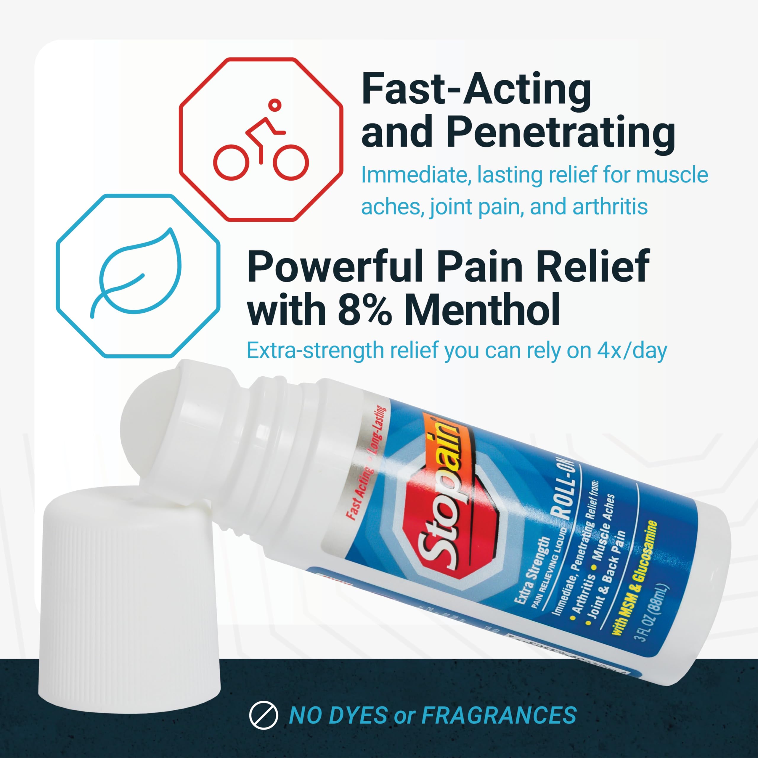 Stopain roll on applicator head for targeted pain relief
