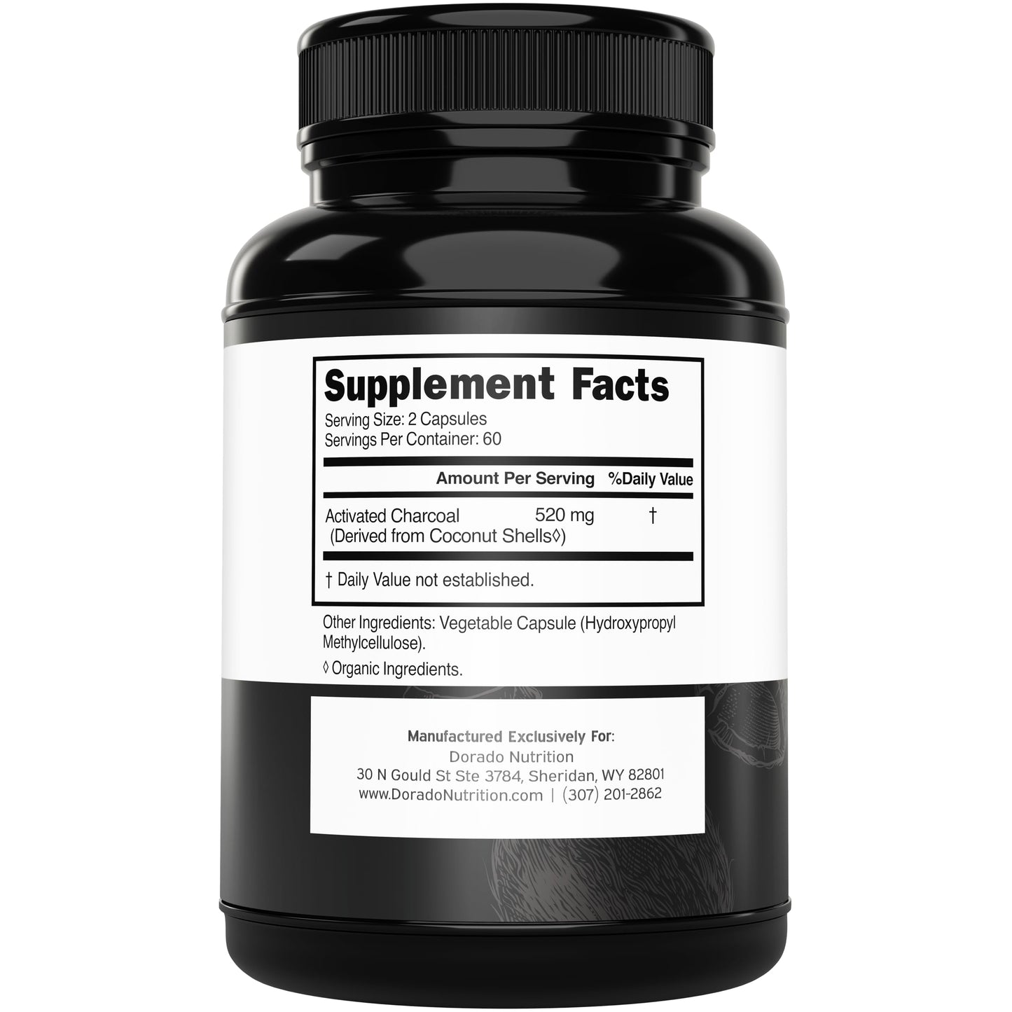 Dorado Nutrition coconut derived activated charcoal 520 milligrams supplement facts label details