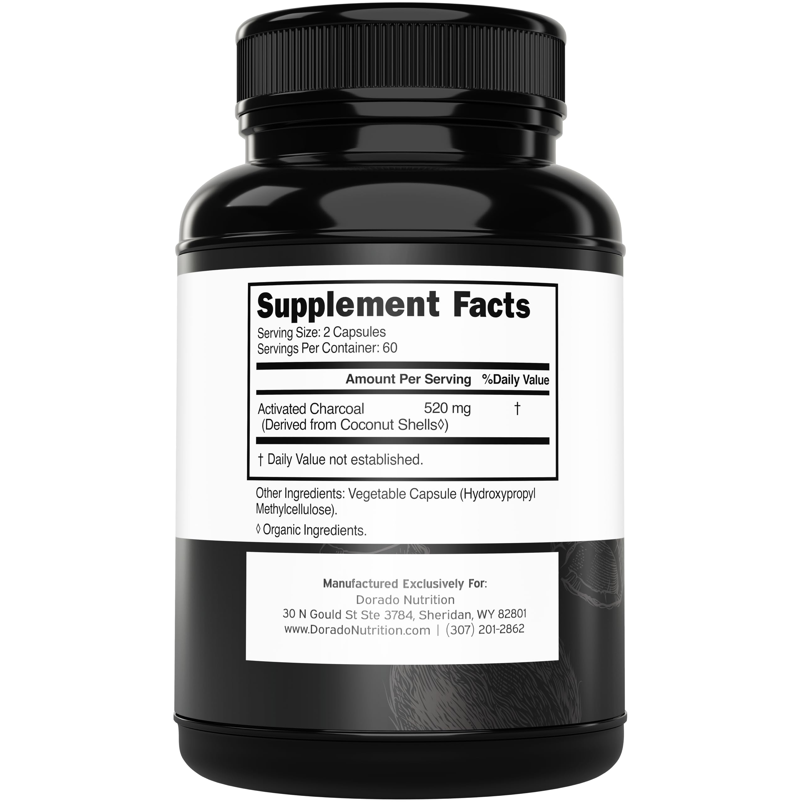 Dorado Nutrition coconut derived activated charcoal 520 milligrams supplement facts label details