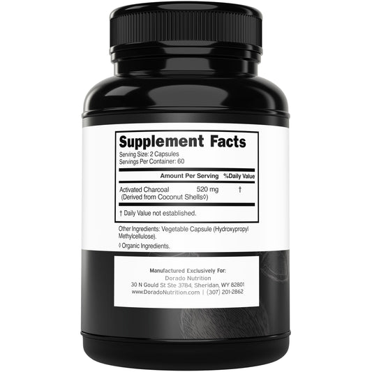 Dorado Nutrition coconut derived activated charcoal 520 milligrams supplement facts label details