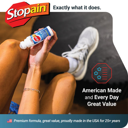 Side view of Stopain pain relief bottle displaying active ingredients