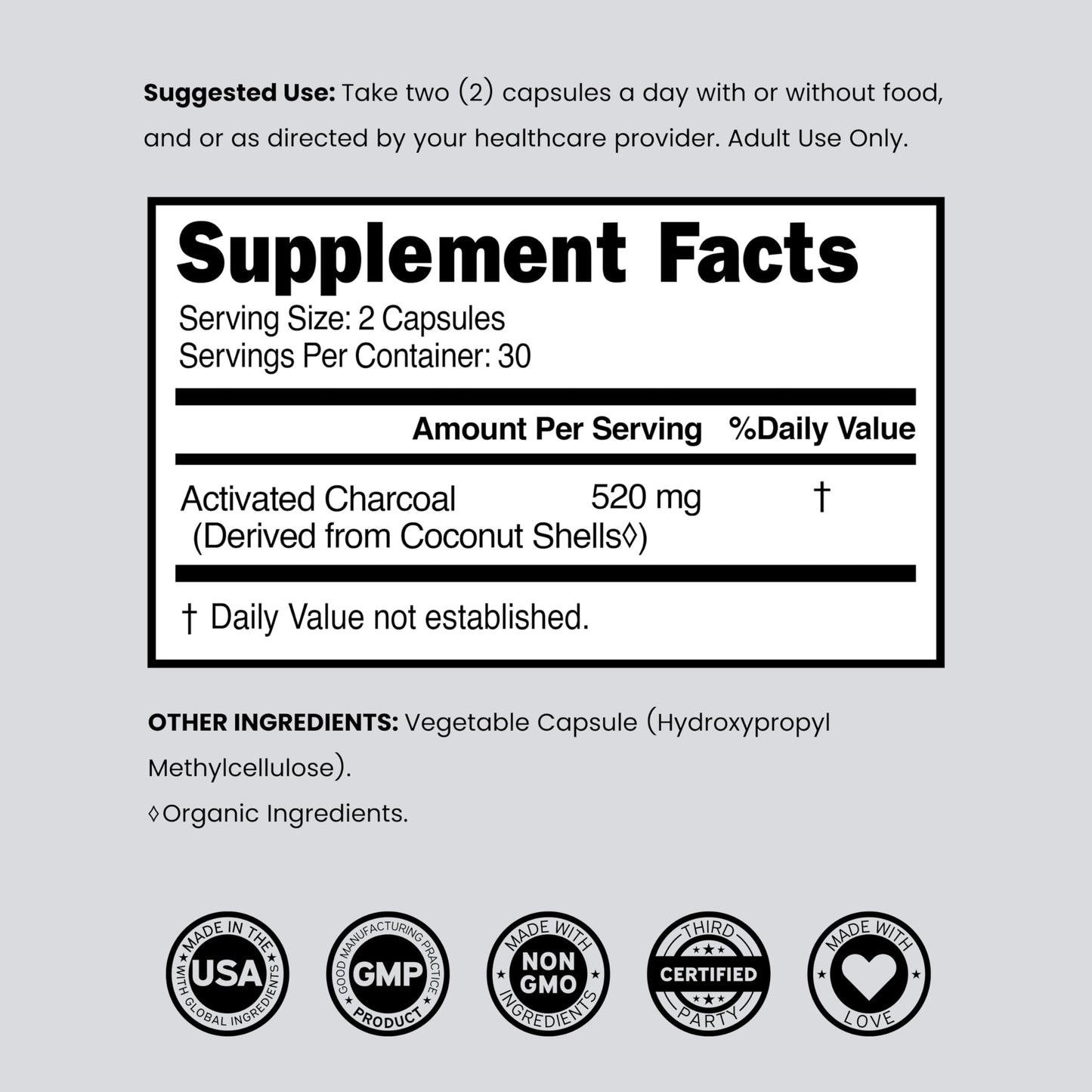 Ultra fine activated charcoal supplement derived from renewable coconut shells for stomach comfort