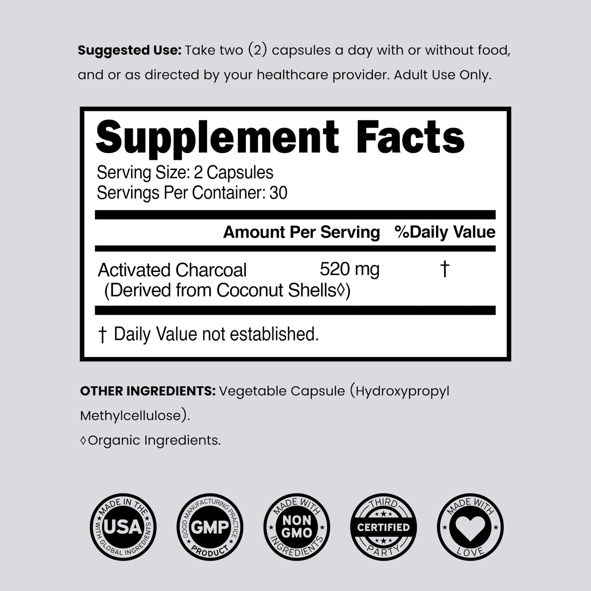 Ultra fine activated charcoal supplement derived from renewable coconut shells for stomach comfort