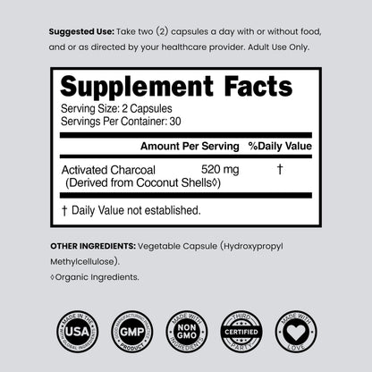 Ultra fine activated charcoal supplement derived from renewable coconut shells for stomach comfort