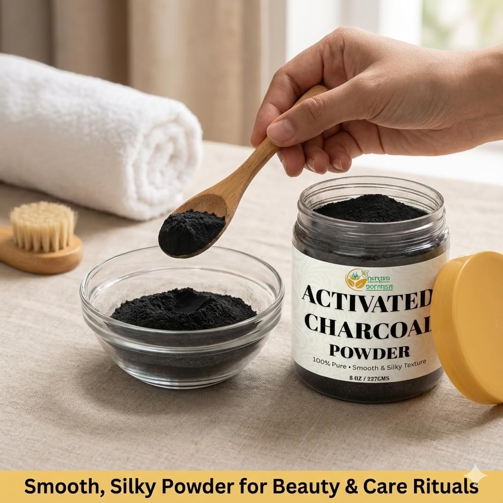Premium charcoal powder jar displaying side instructions and safety details