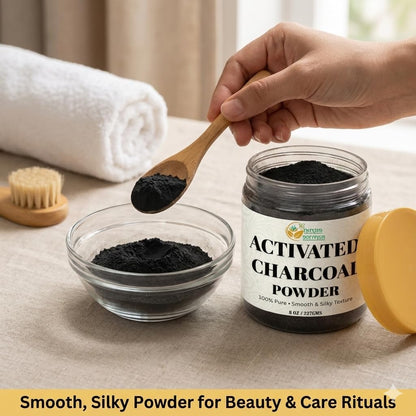 Premium charcoal powder jar displaying side instructions and safety details