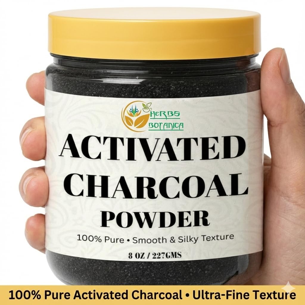 Fine black activated charcoal powder texture for natural teeth whitening