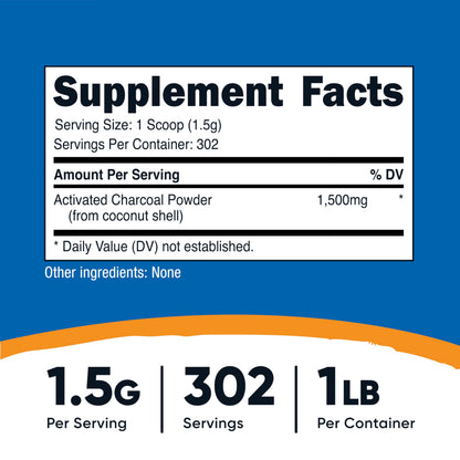 Nutricost food grade charcoal powder supplement nutritional facts label