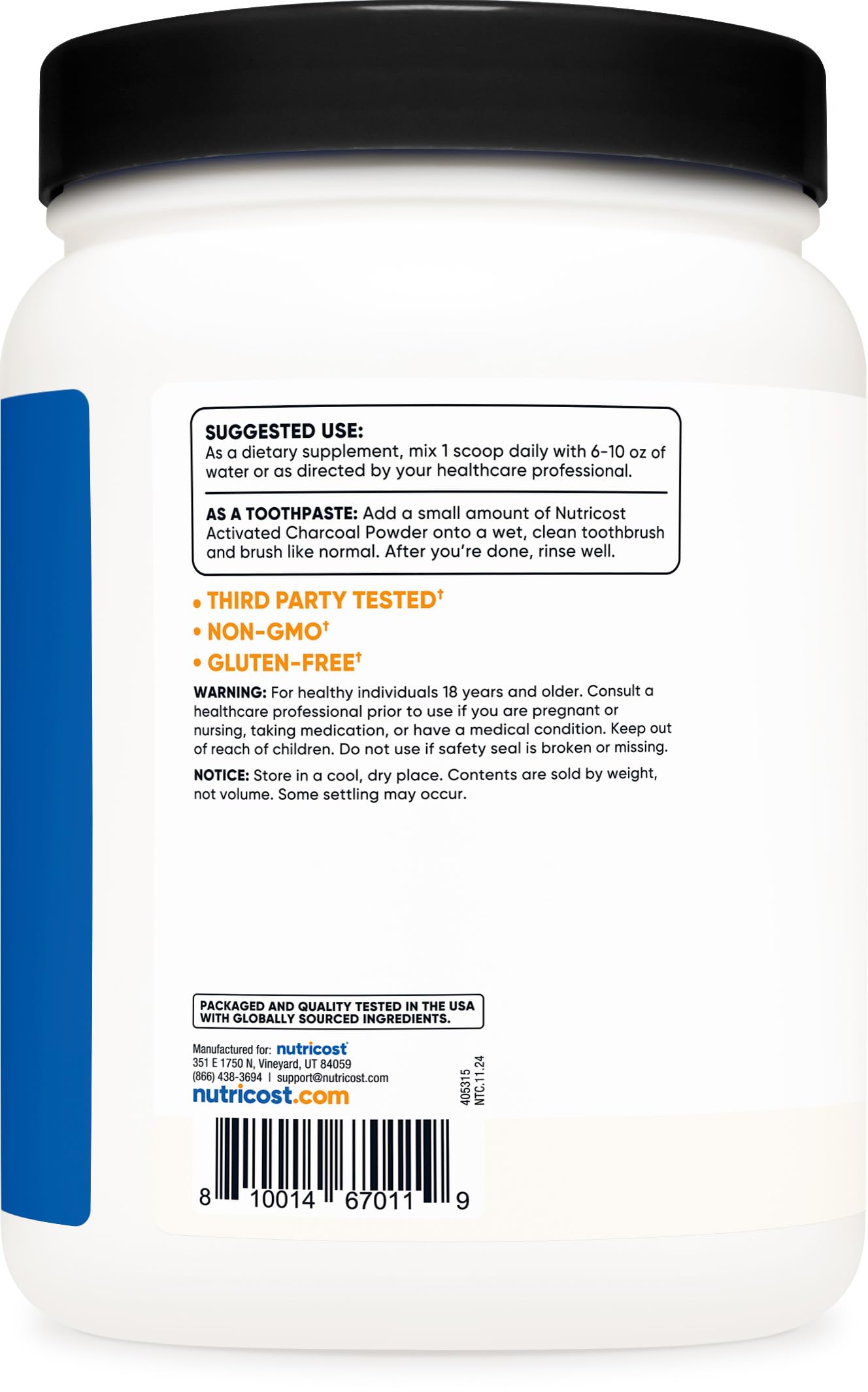 Nutricost charcoal powder packaging for DIY teeth whitening toothpaste