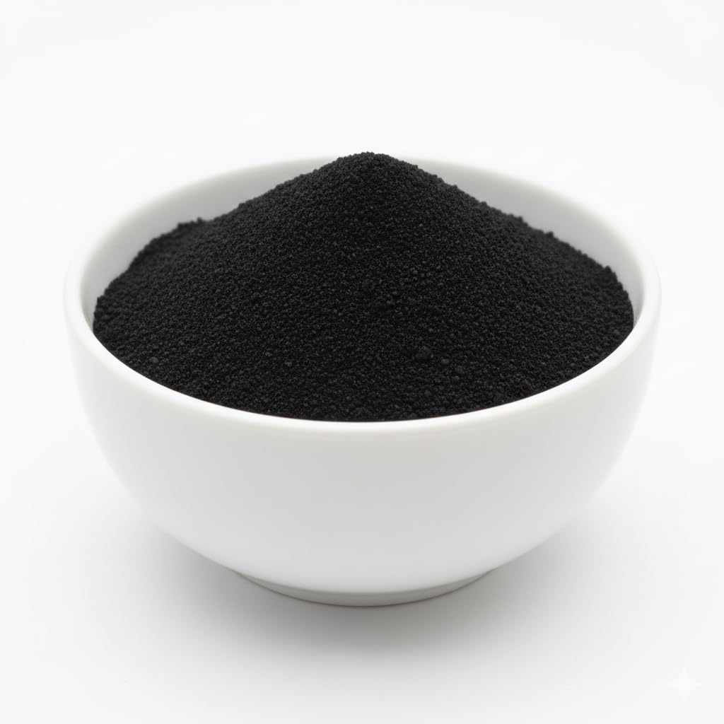 Back view of Herbs Botanica charcoal powder showcasing nutritional usage guidelines