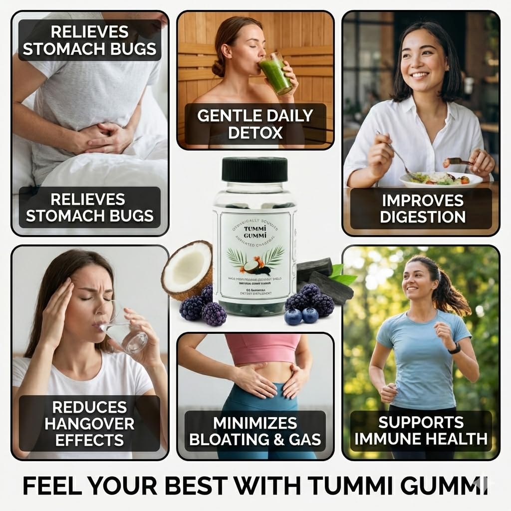 Tummi Gummi charcoal supplement packaging displaying organic coconut shell ingredients for gas relief.