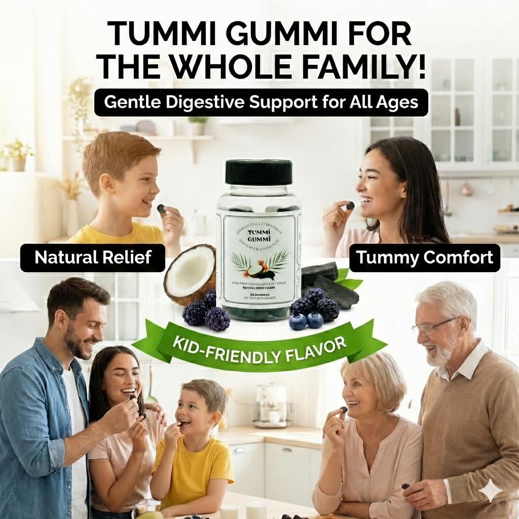 Side view of Tummi Gummi digestive health bottle detailing the vegan and gluten free labels.