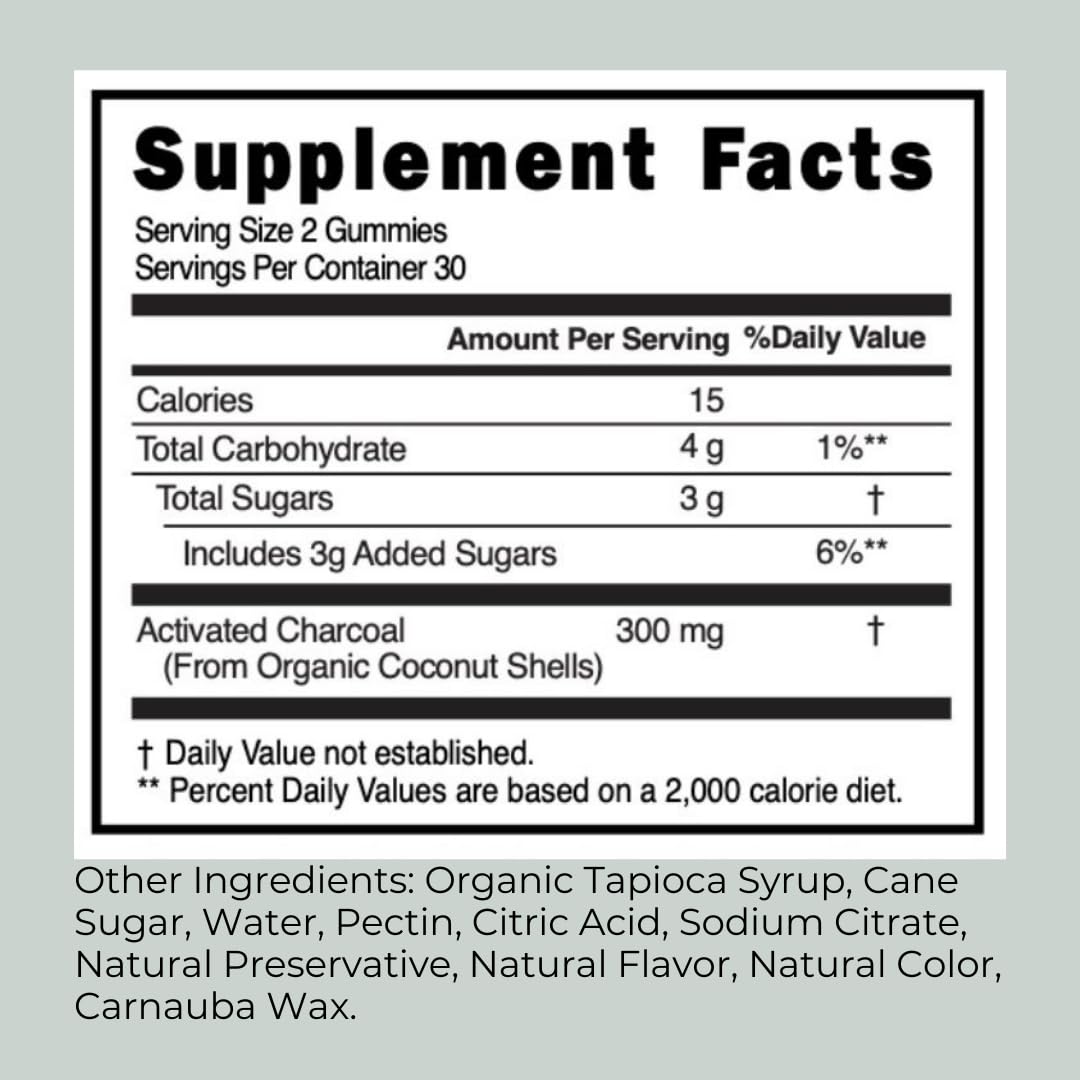 Tummi Gummi natural berry flavor charcoal gummies bottle showing supplement facts and kids safety info.