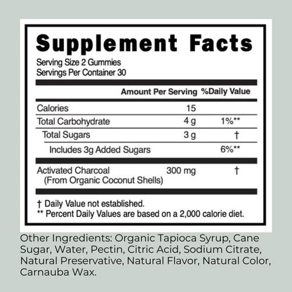 Tummi Gummi natural berry flavor charcoal gummies bottle showing supplement facts and kids safety info.