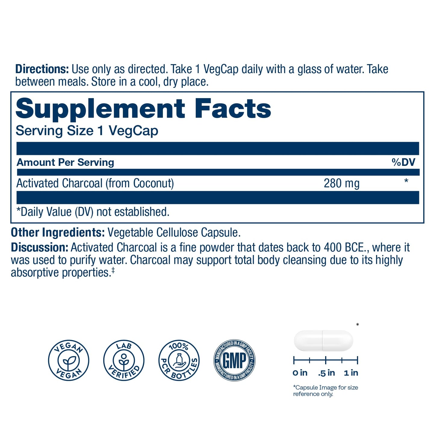 Solaray Activated Charcoal 280 milligrams supplement facts label showing coconut source.