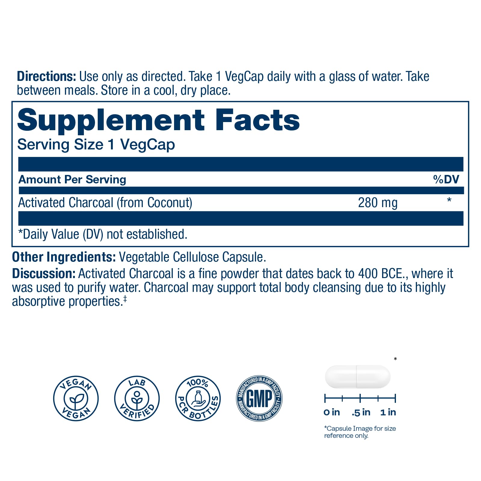 Solaray Activated Charcoal 280 milligrams supplement facts label showing coconut source.