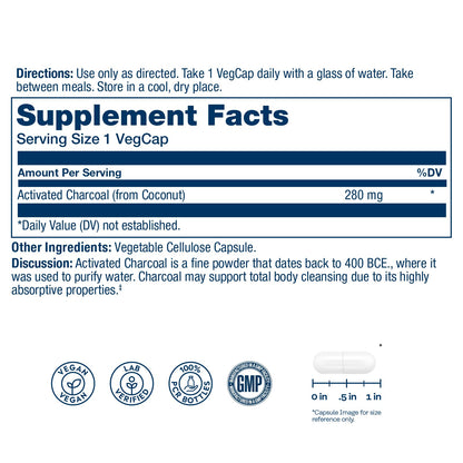 Solaray Activated Charcoal 280 milligrams supplement facts label showing coconut source.