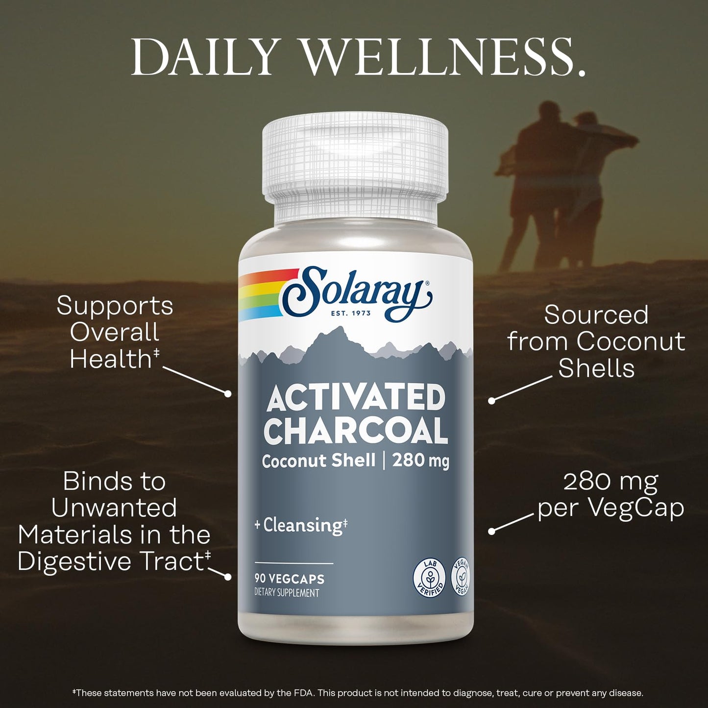 Side view of Solaray inner cleansing activated charcoal bottle showing usage instructions.