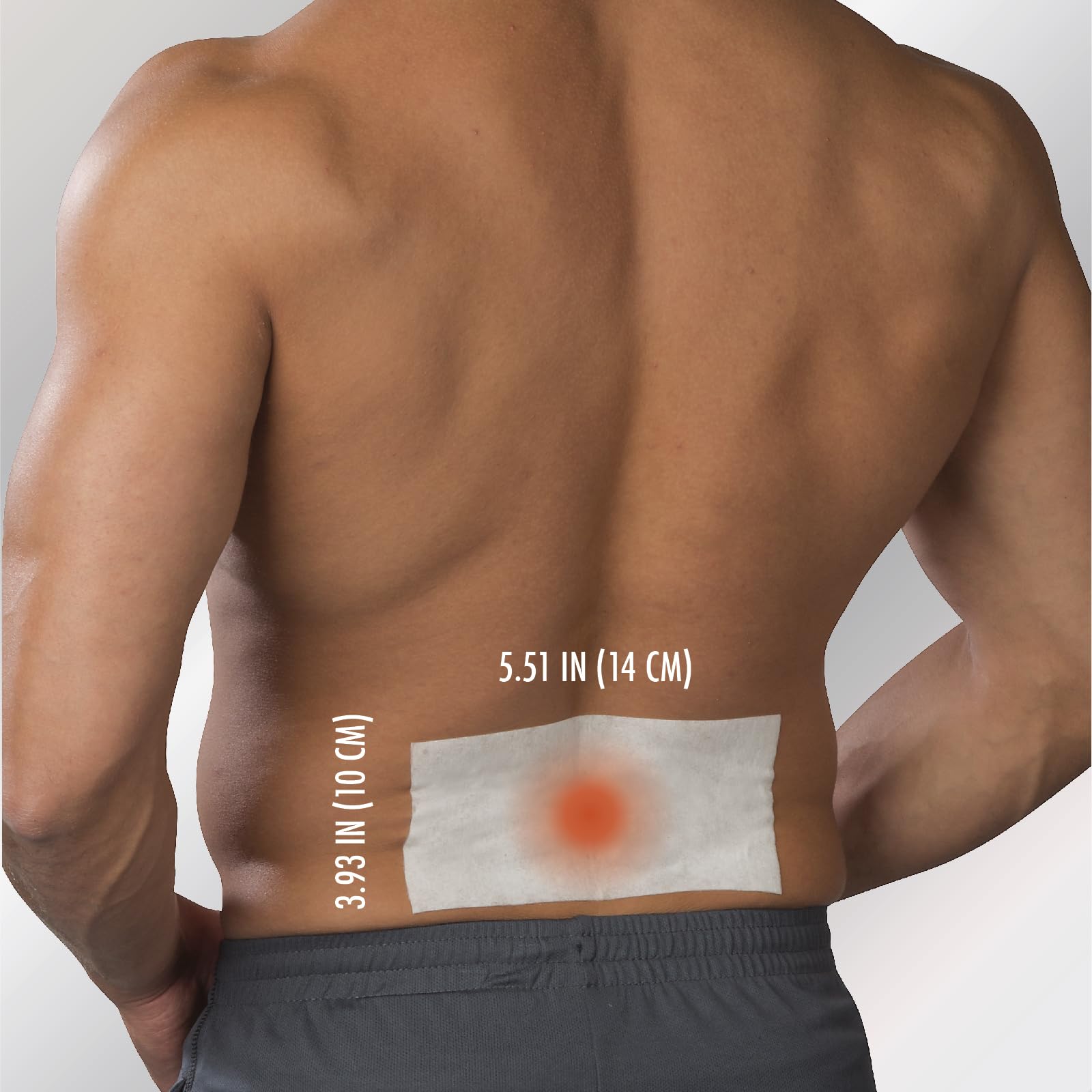 TheraCare pain relief patch showing dimensions 3.9 by 5.5 inches