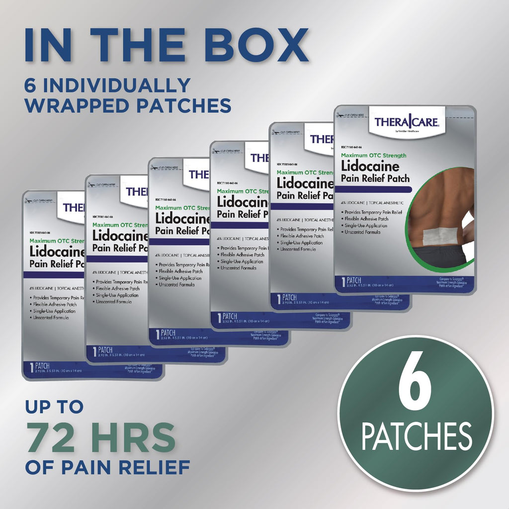 TheraCare lidocaine patch applied to a person's shoulder for illustrative purposes