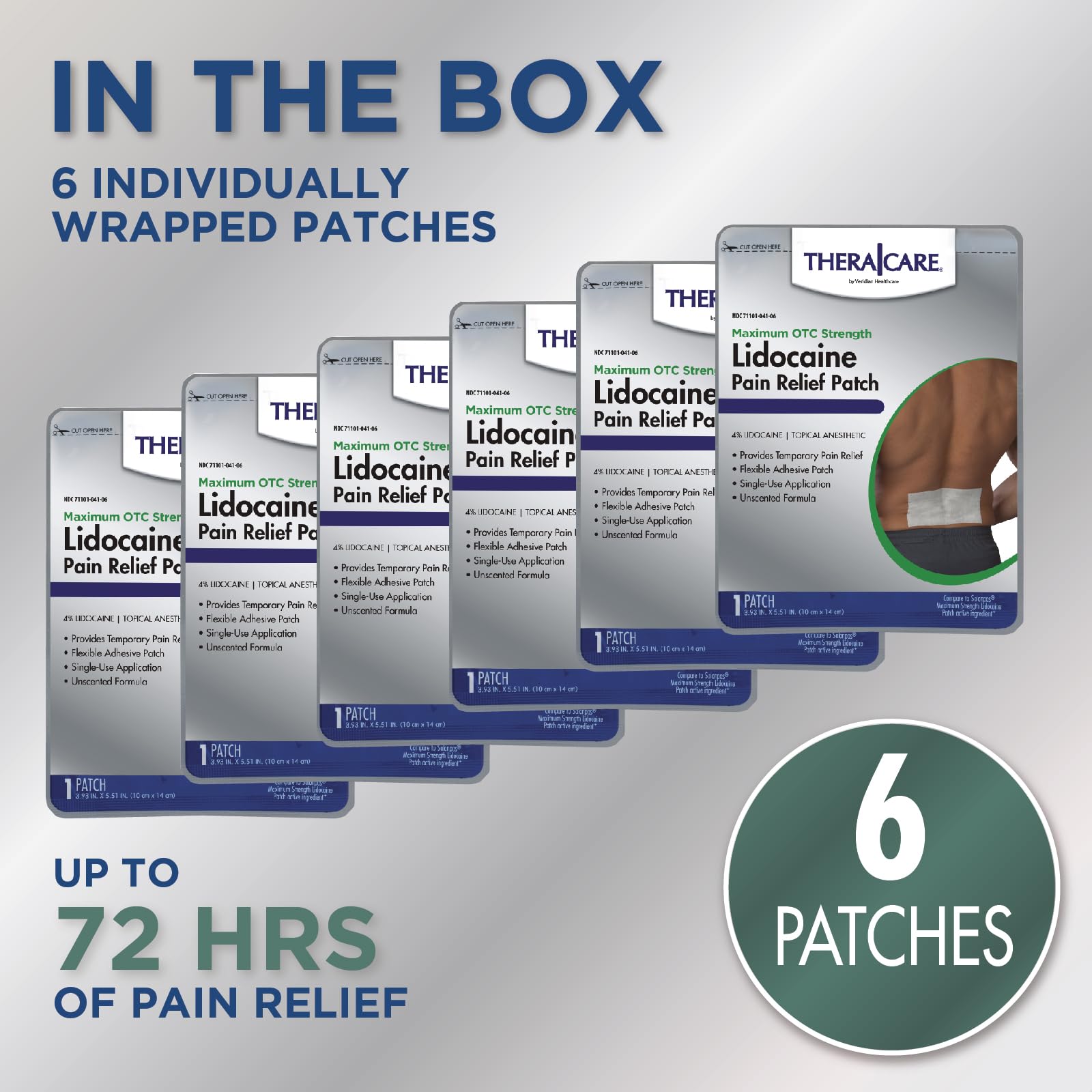 TheraCare lidocaine patch applied to a person's shoulder for illustrative purposes