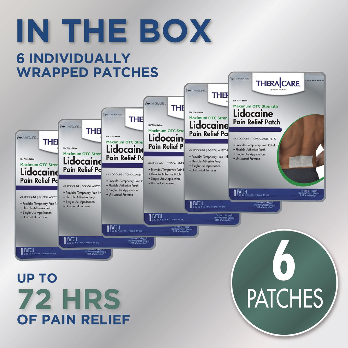 TheraCare lidocaine patch applied to a person's shoulder for illustrative purposes