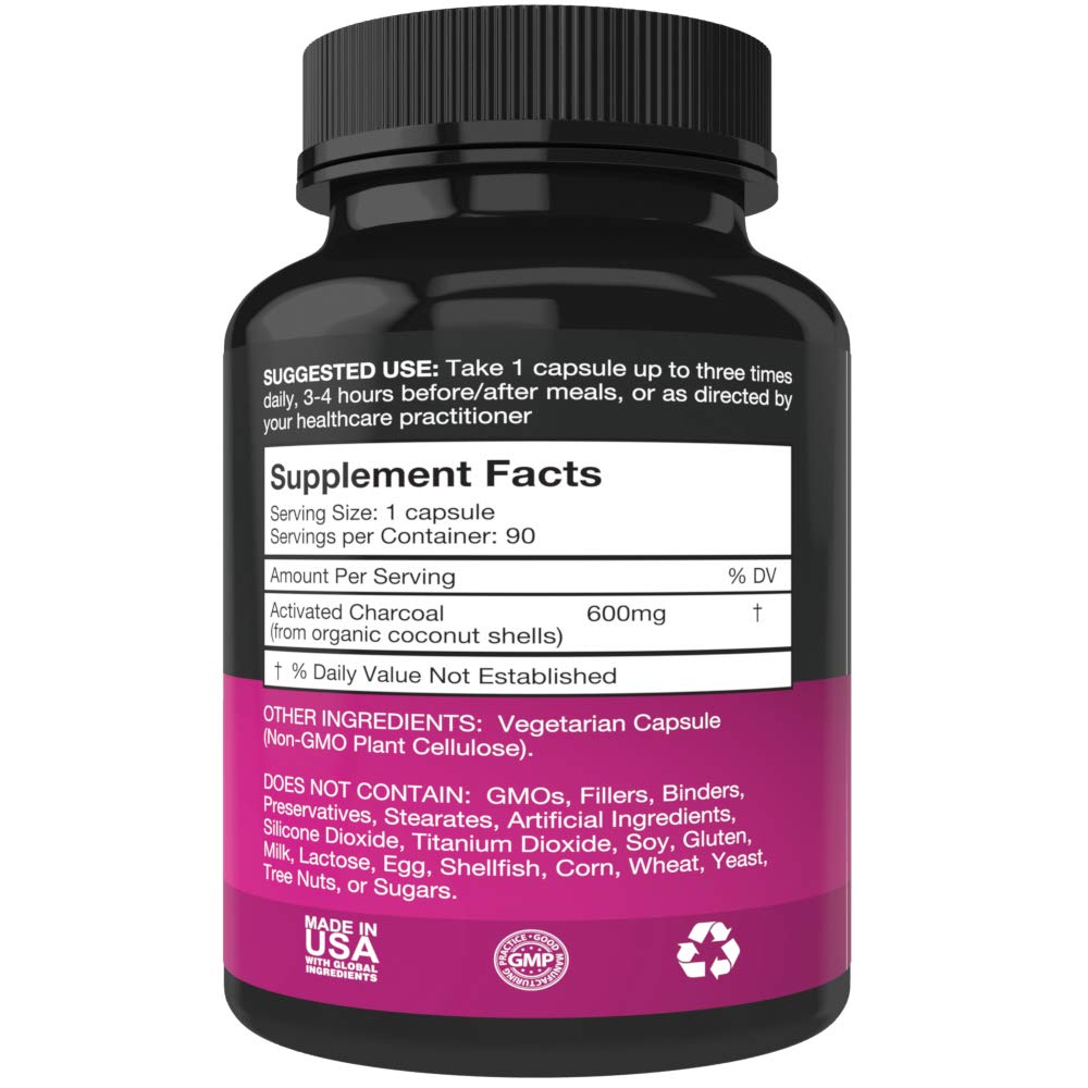 Purest Vantage steam activated charcoal capsules supplement facts label
