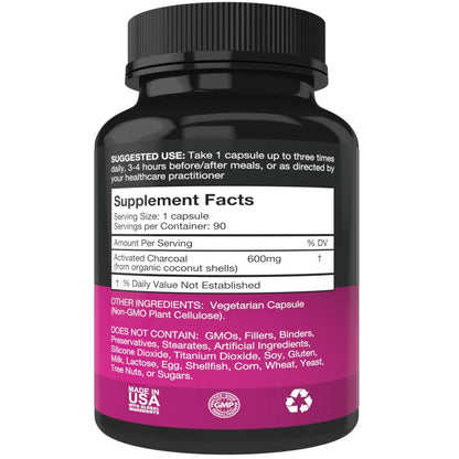 Purest Vantage steam activated charcoal capsules supplement facts label