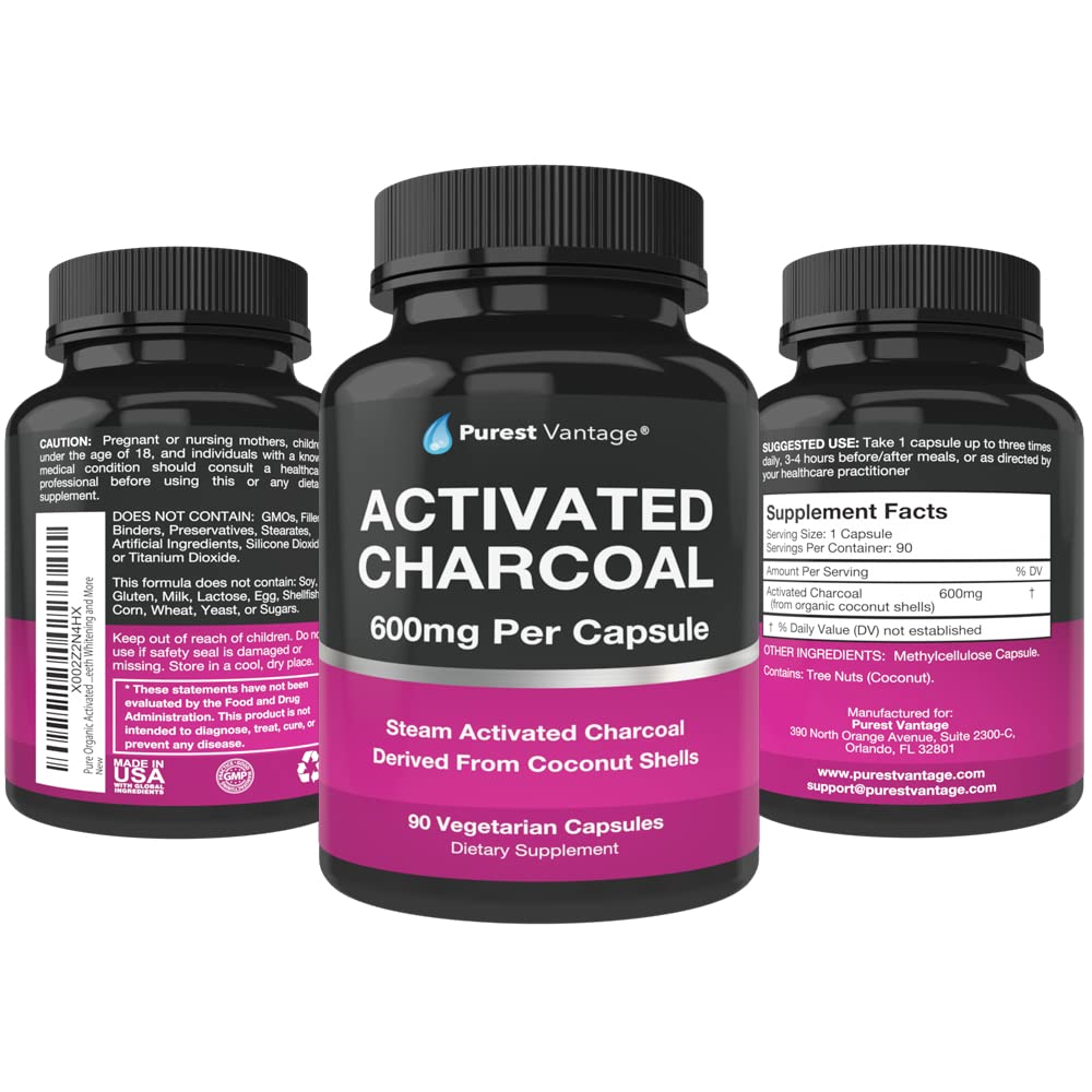 Purest Vantage clean formula activated charcoal bottle showing ingredients list