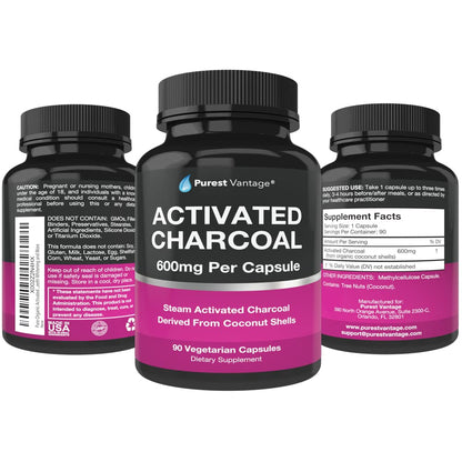 Purest Vantage clean formula activated charcoal bottle showing ingredients list
