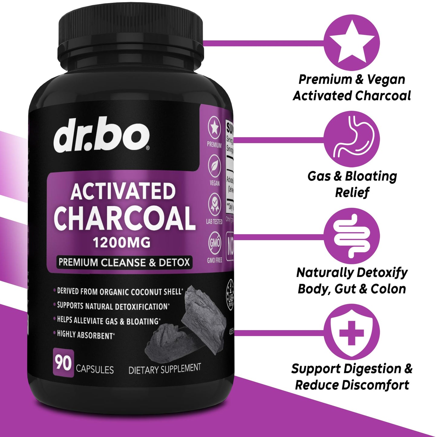 Dr Bo organic coconut charcoal supplement 1200mg capsules ingredient panel and nutritional facts