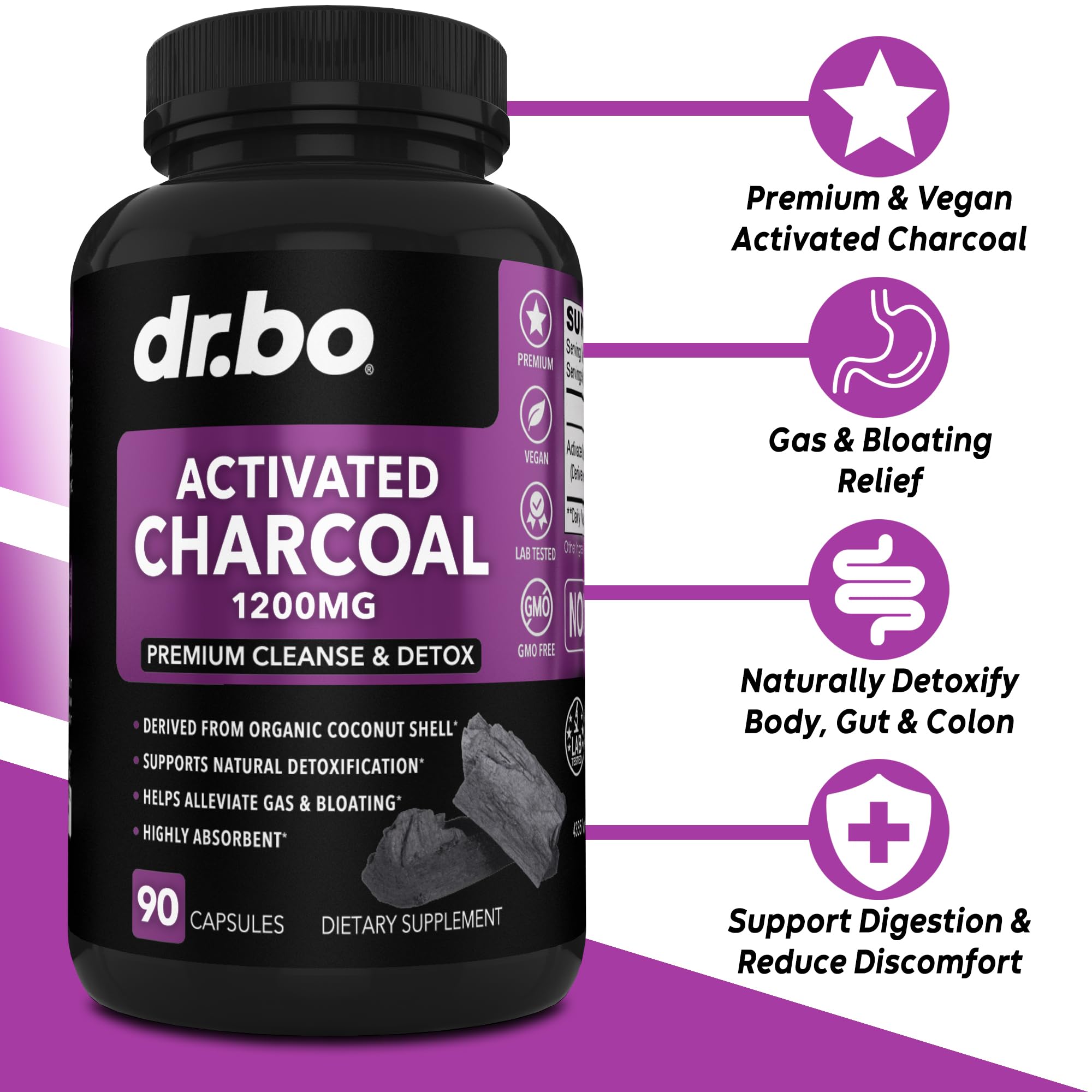 Dr Bo organic coconut charcoal supplement 1200mg capsules ingredient panel and nutritional facts