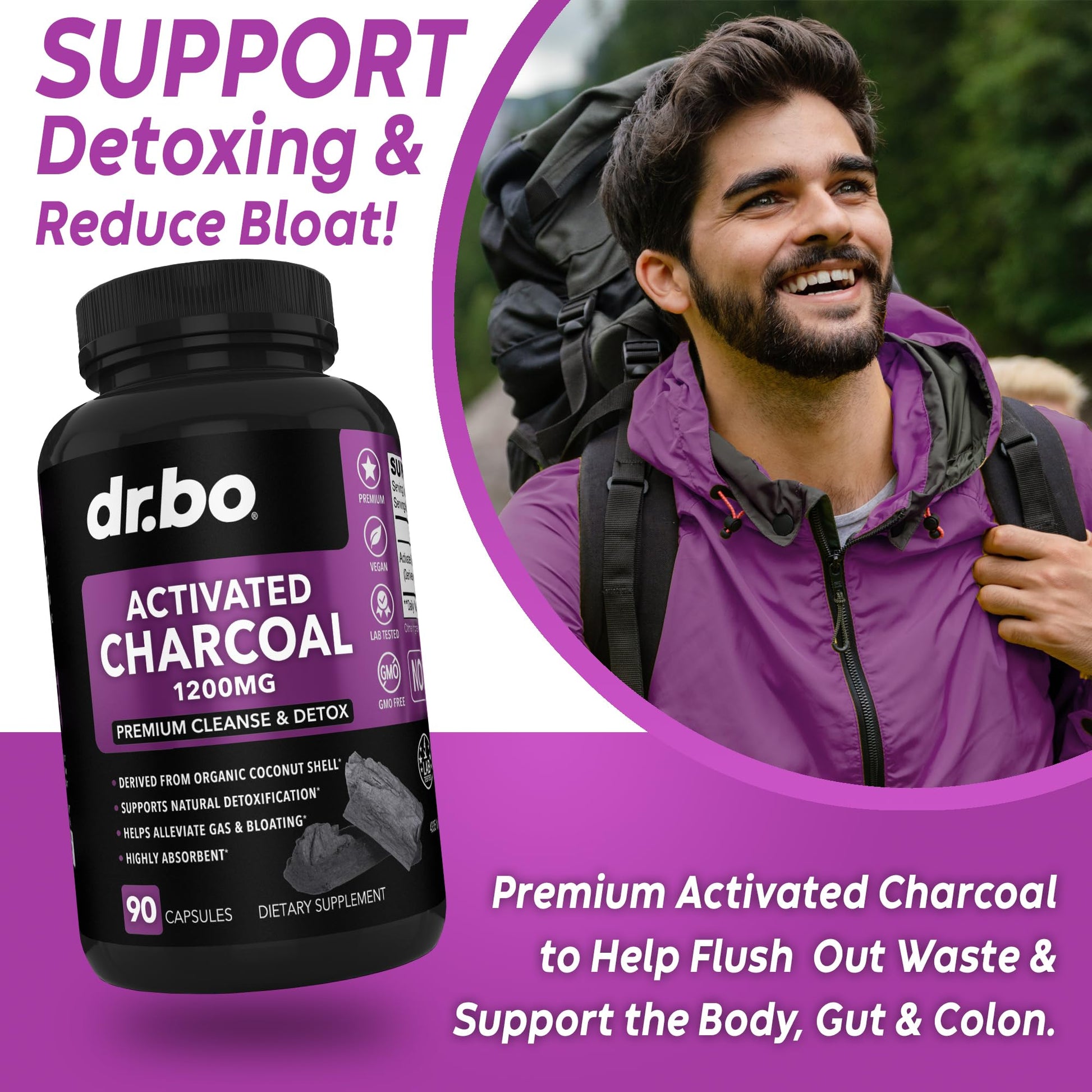 Dr Bo natural cleanse detox dietary supplement capsules alongside organic coconut shell imagery