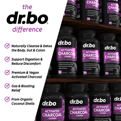 Dr Bo digestive care charcoal pills displaying capsule size and vegetarian formulation details